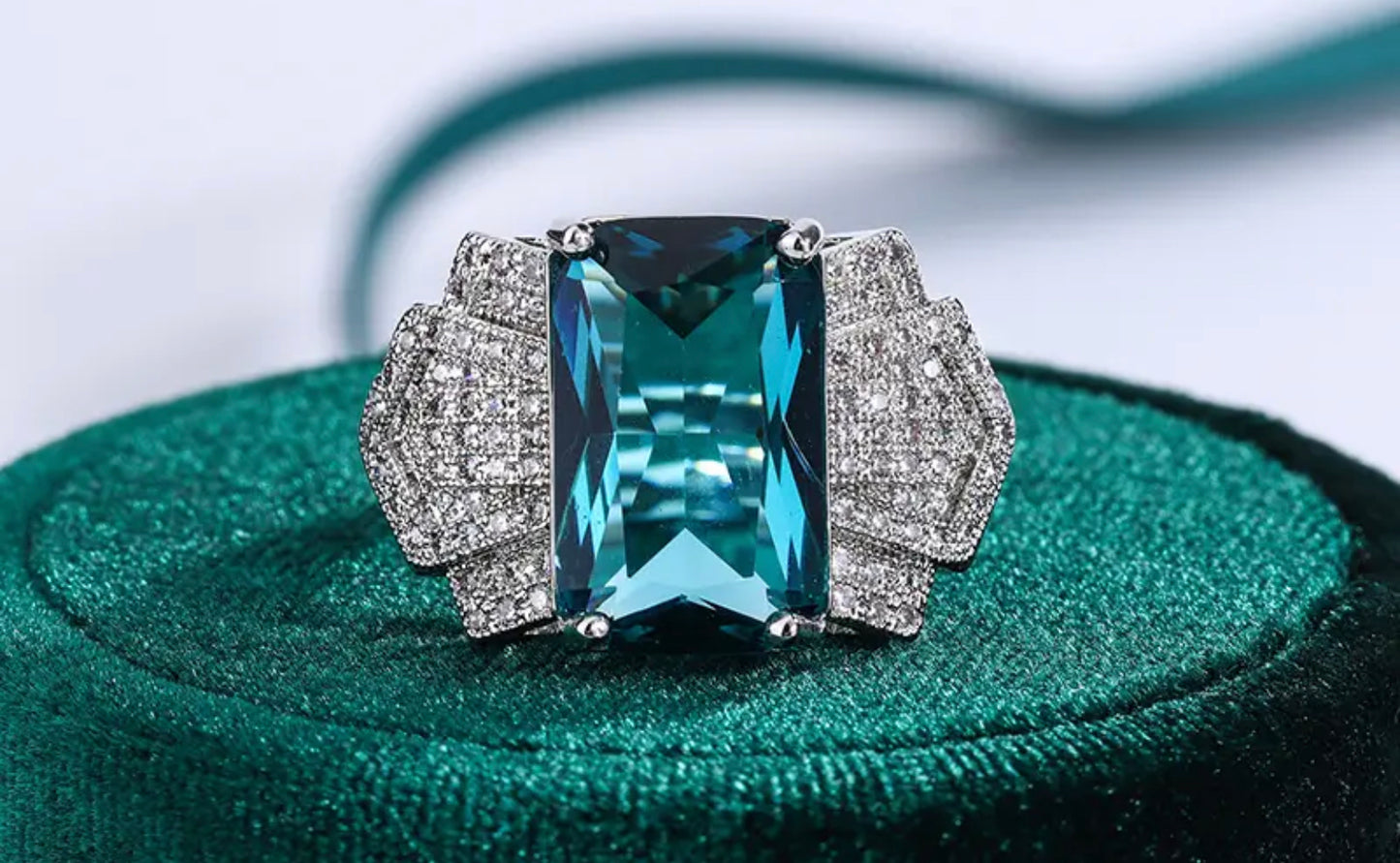 Stylish S925 Silver Ring for Women Luxury Blue Shiny Zircon Ring