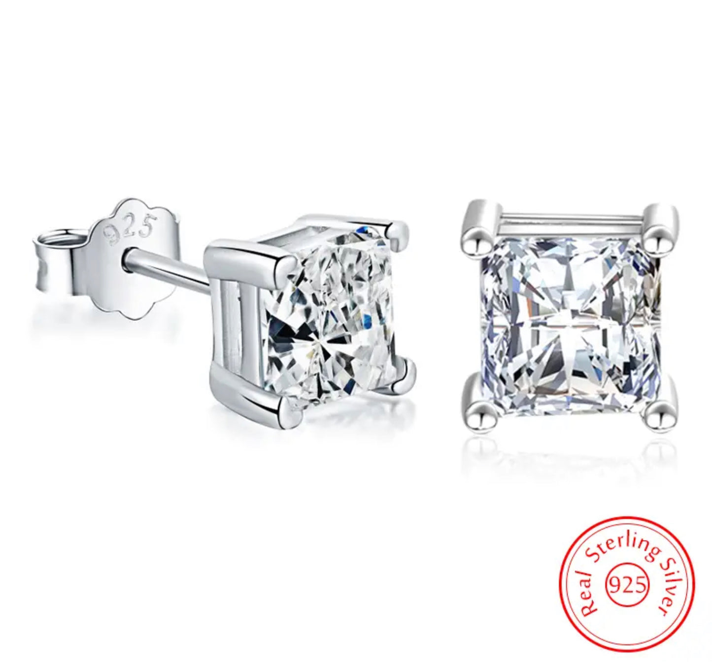 Genuine 925 Sterling Silver High-quality Fashion Jewelry Square Crystal Stud Earrings